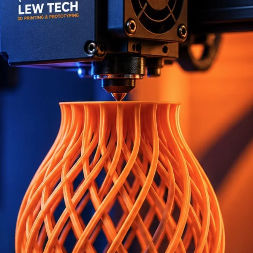 LEW TECH 3D printer printing an orange spiral vase