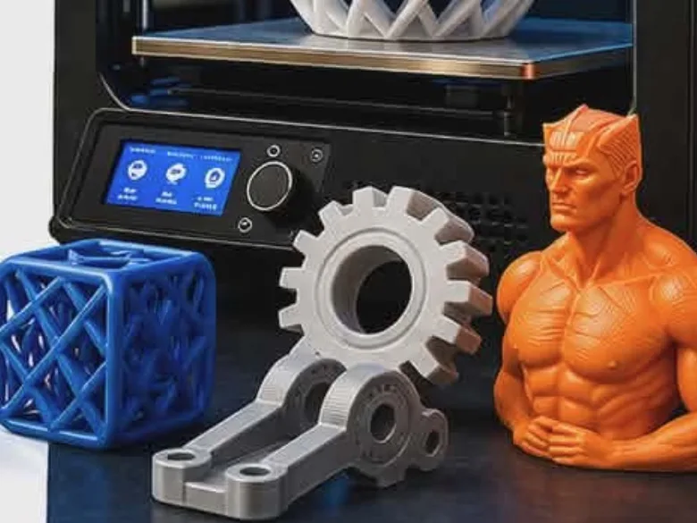 3D-printed sample parts: a lattice cube, gears, a bracket arm and a figurine bust